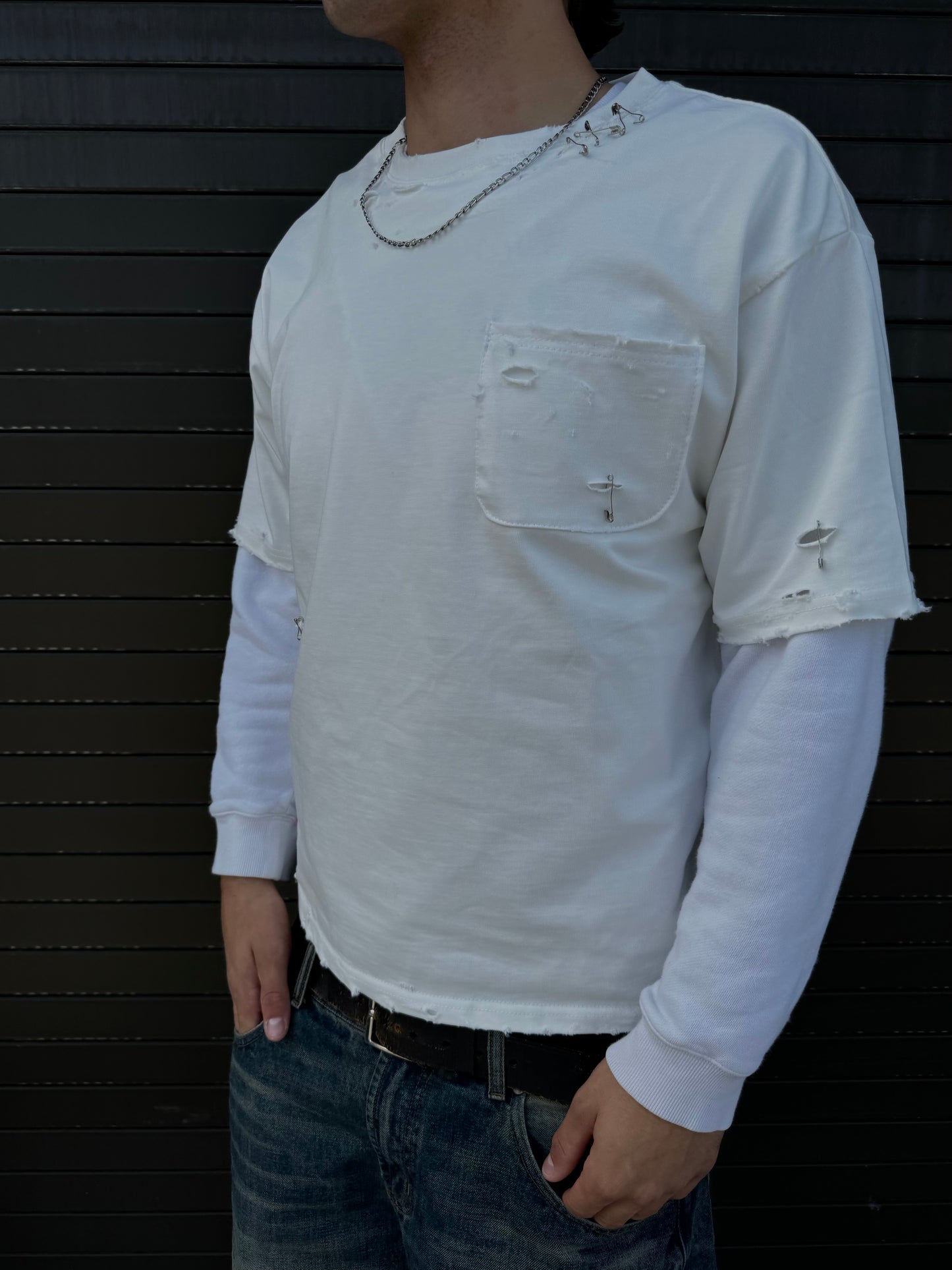 Distressed Pocket Tee Blanc